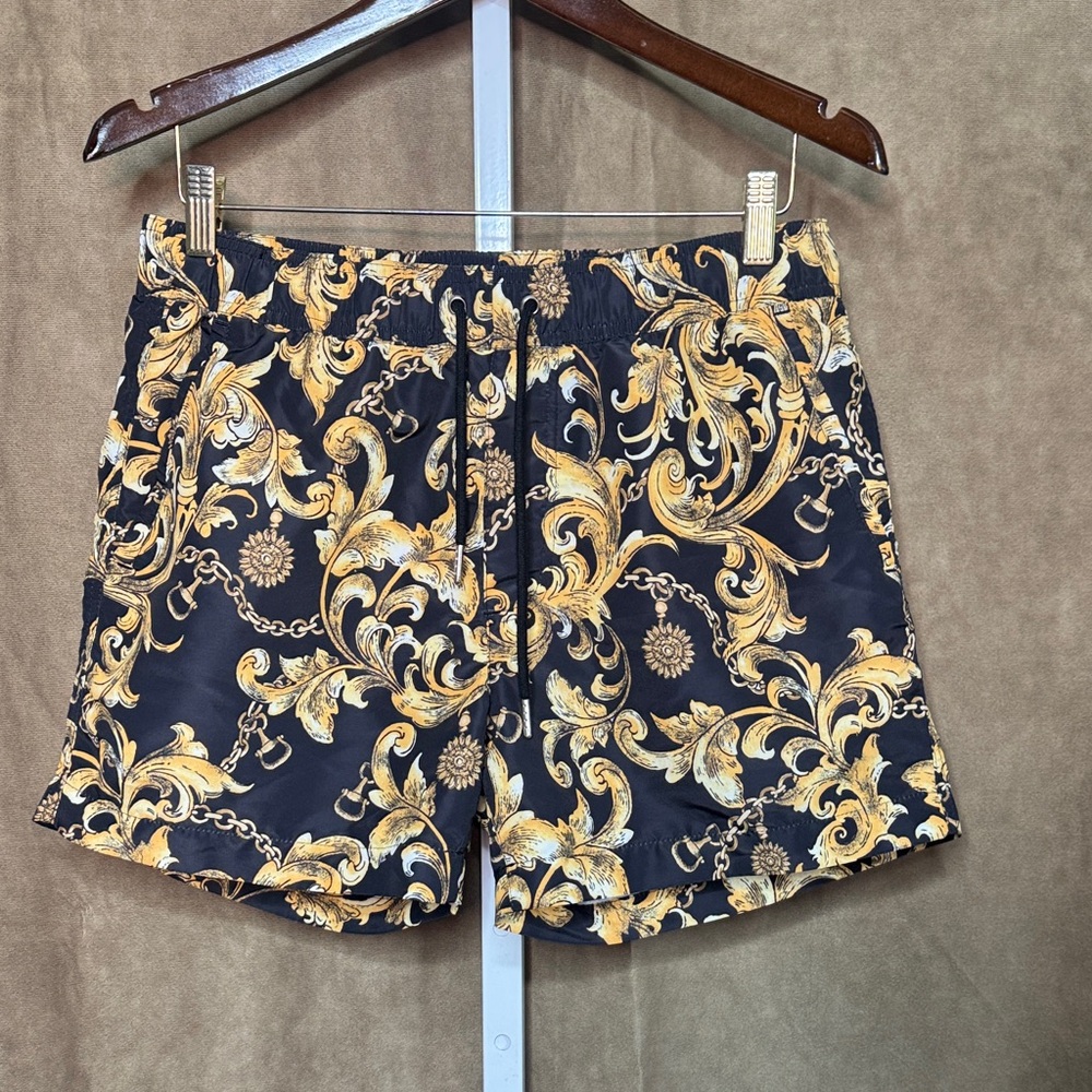 Forever 21 Black and Gold Men's Swim Shorts Size M